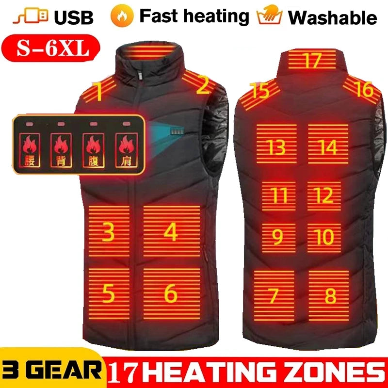 Men USB Infrared 17 Heating Areas Vest Jacket Men Winter Electric Heated Vest Waistcoat for Sports Hiking Oversized 5XL